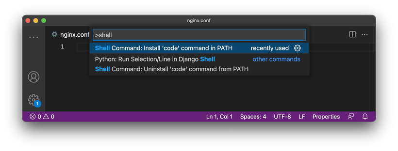Окно VS Code с выбранным пунктом shell command.