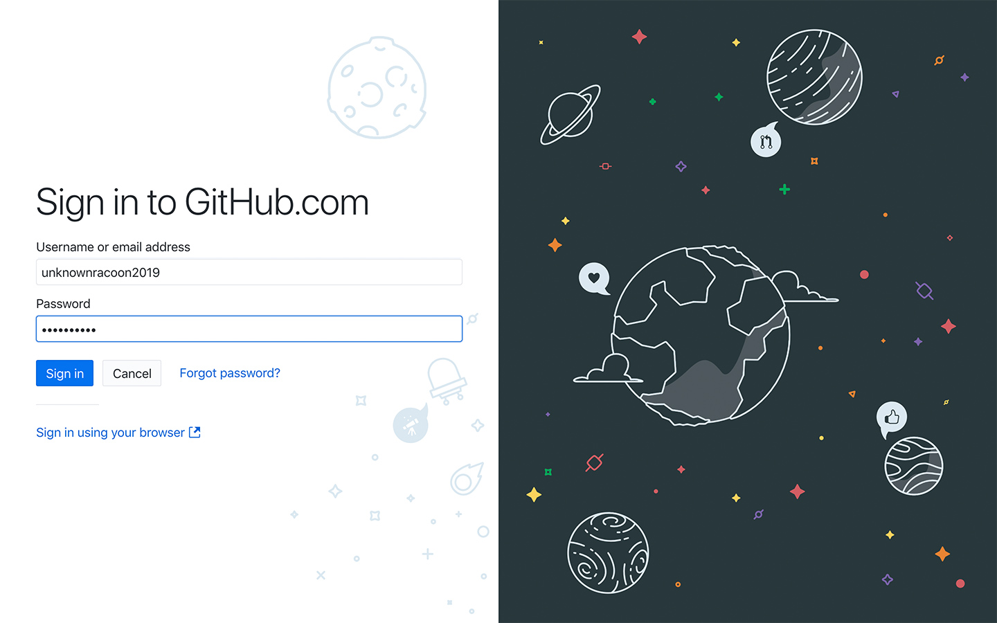 Интерфейс логина в GitHub Desktop