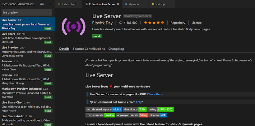 Расширение Live Server в Visual Studio Code